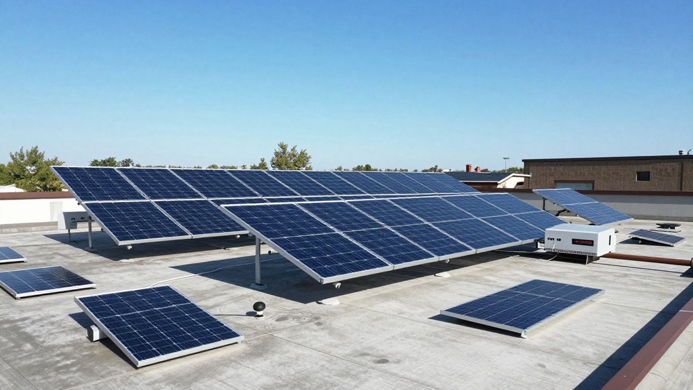 Installation solaire complète sur un toit ensoleillé.