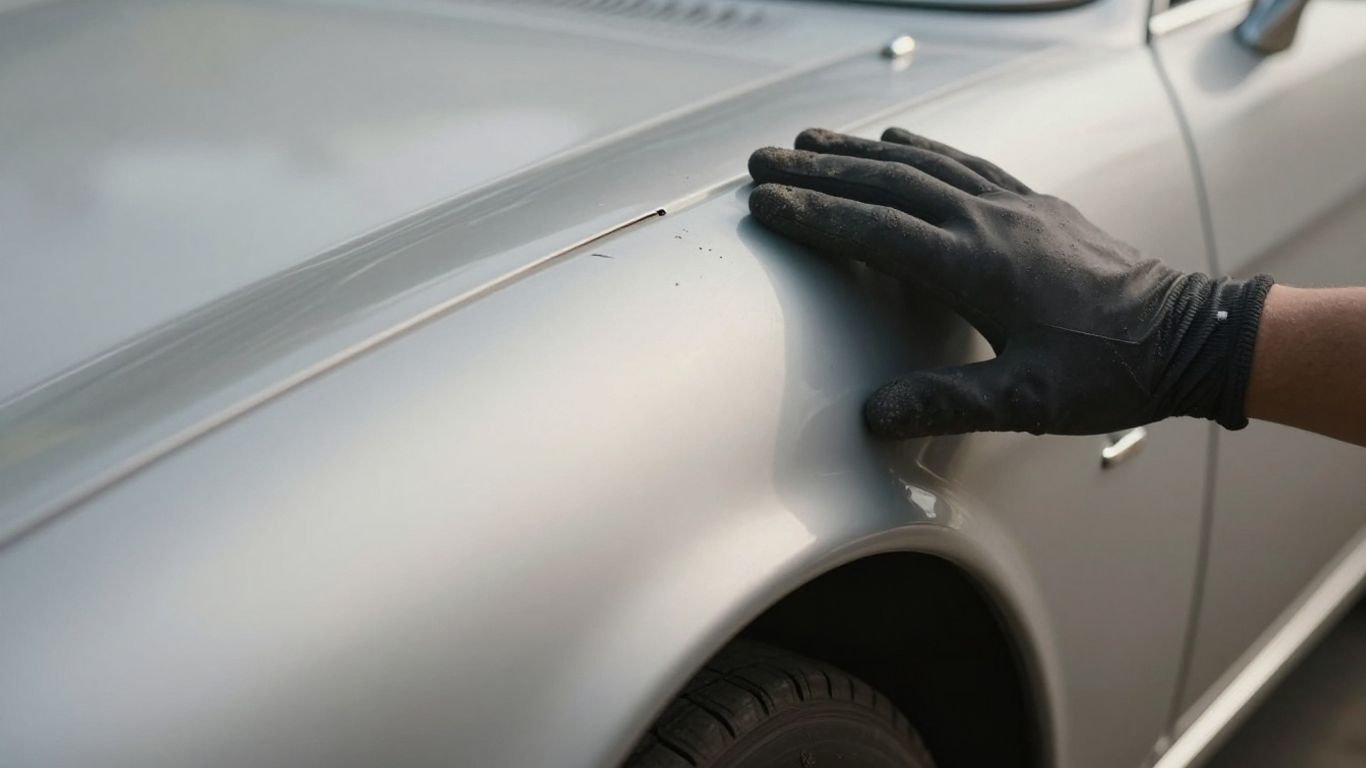 Beschädigter Oldtimer Kotflügel mit Handprüfung