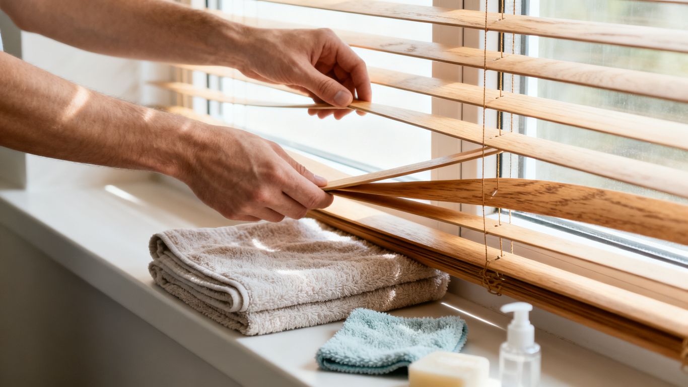 Hands adjusting wooden blind slats before cleaning