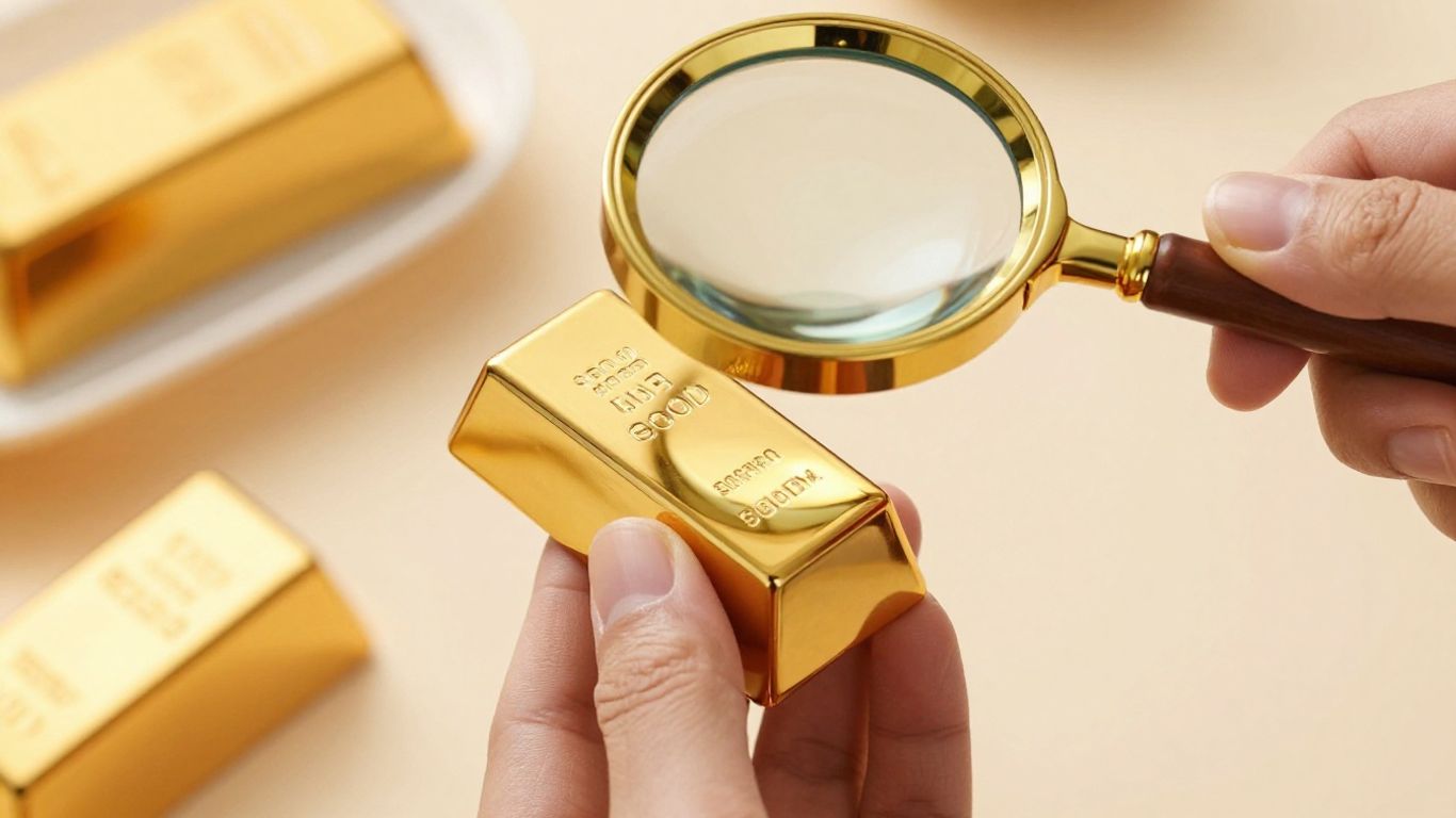 Main d'or examinant une barre d'or avec une loupe.