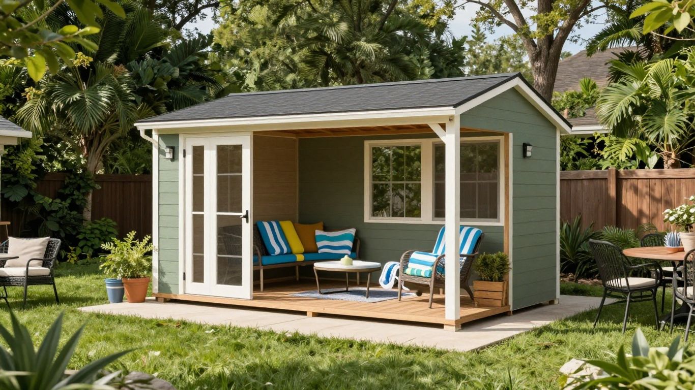 Fort Worth backyard storage shed with pool and patio items.