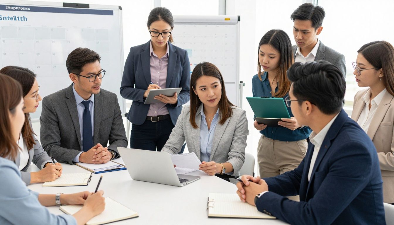 A diverse group of driven professionals reviewing a simple goal-planning system at a bright workspace, with calendars and notebooks but no visible text
