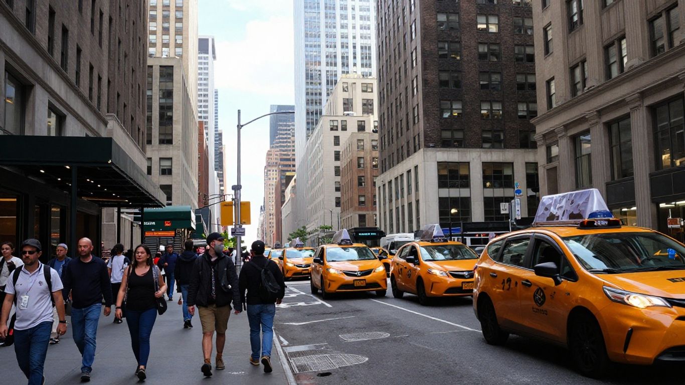 New York City skyline and street with taxis and pedestrians.