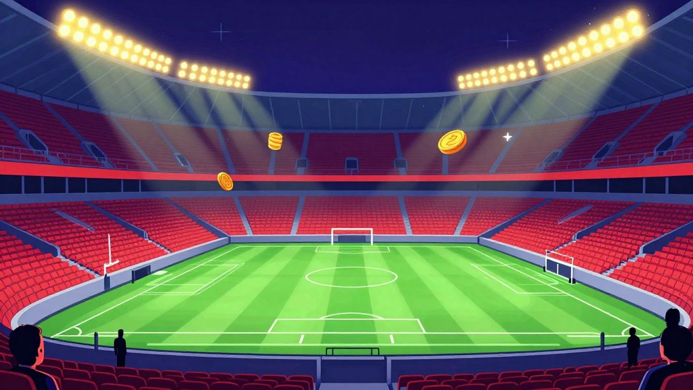Sports betting stadium with winning symbols.