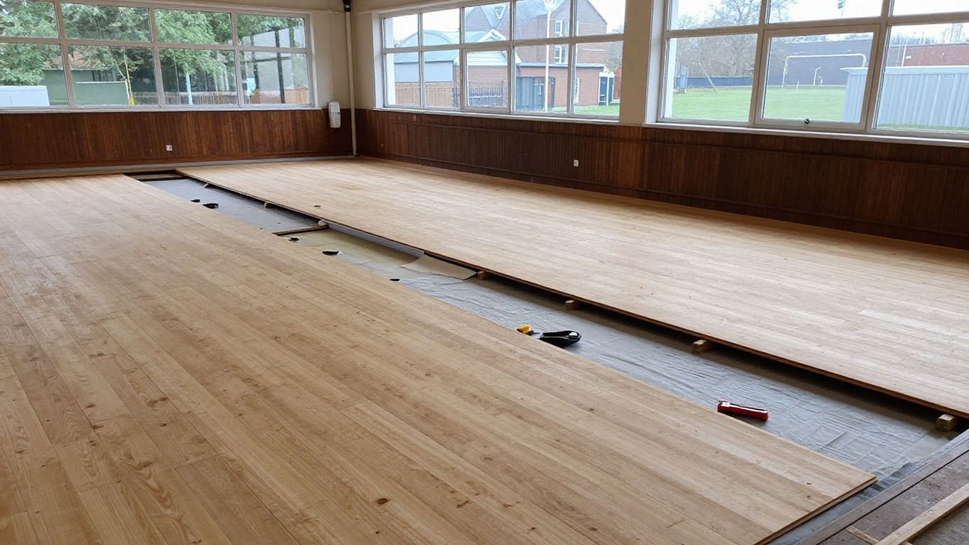 Sports hall floor repair and moisture remediation work