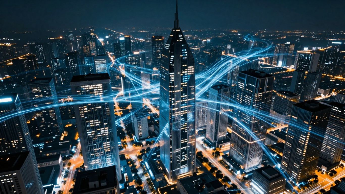 Futuristic cityscape with glowing digital pathways and light trails.