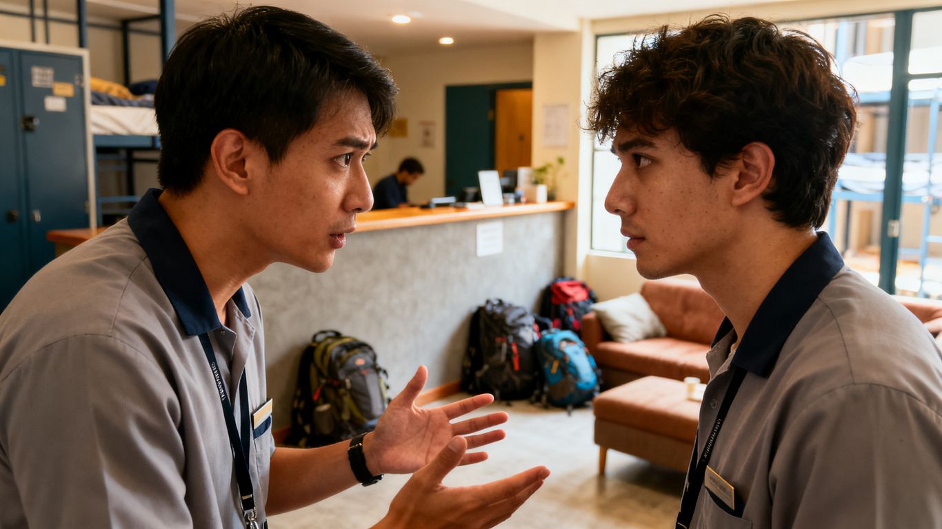 Staff discussing handover in a hostel.