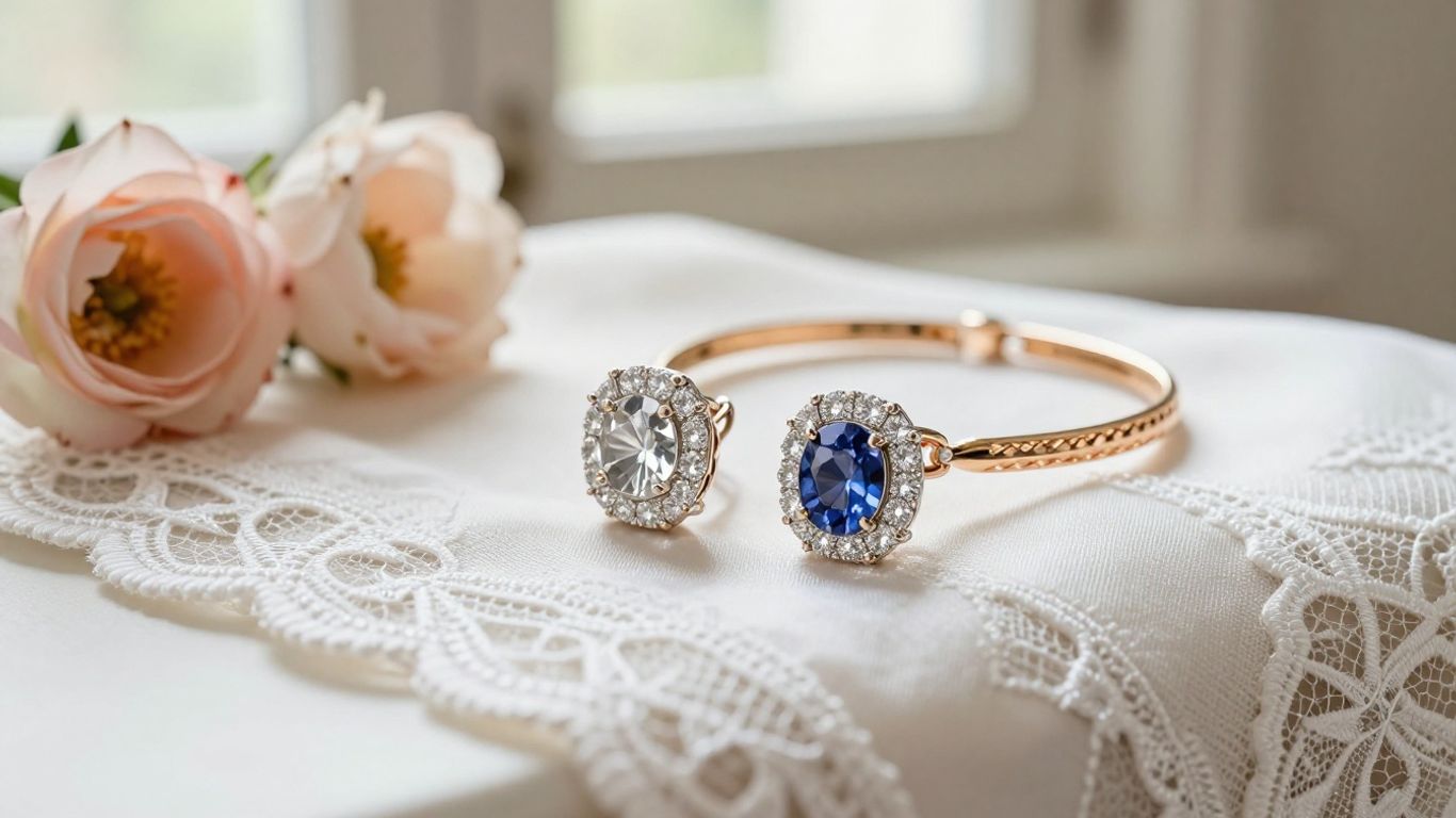 Bridal jewelry arranged beside silk flowers