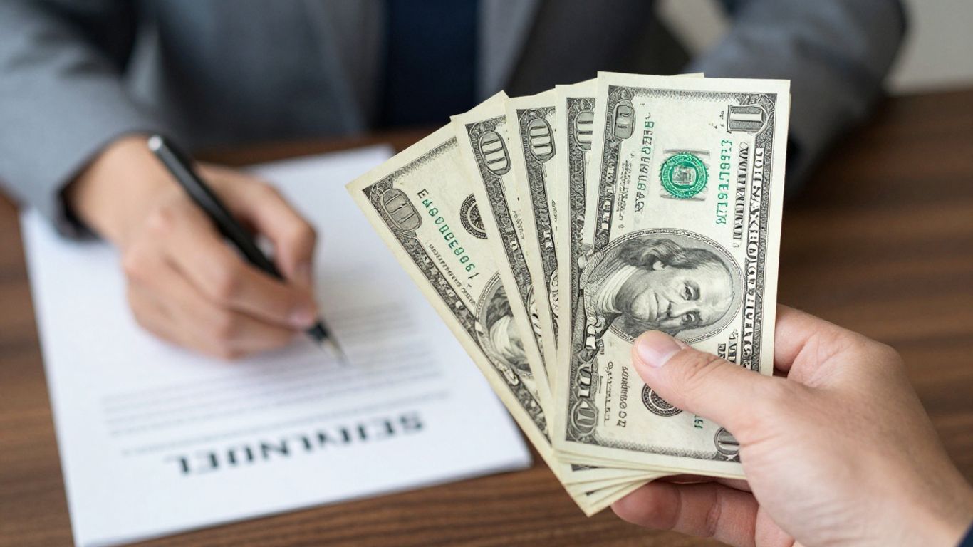 Hand holding money, loan document, financial relief