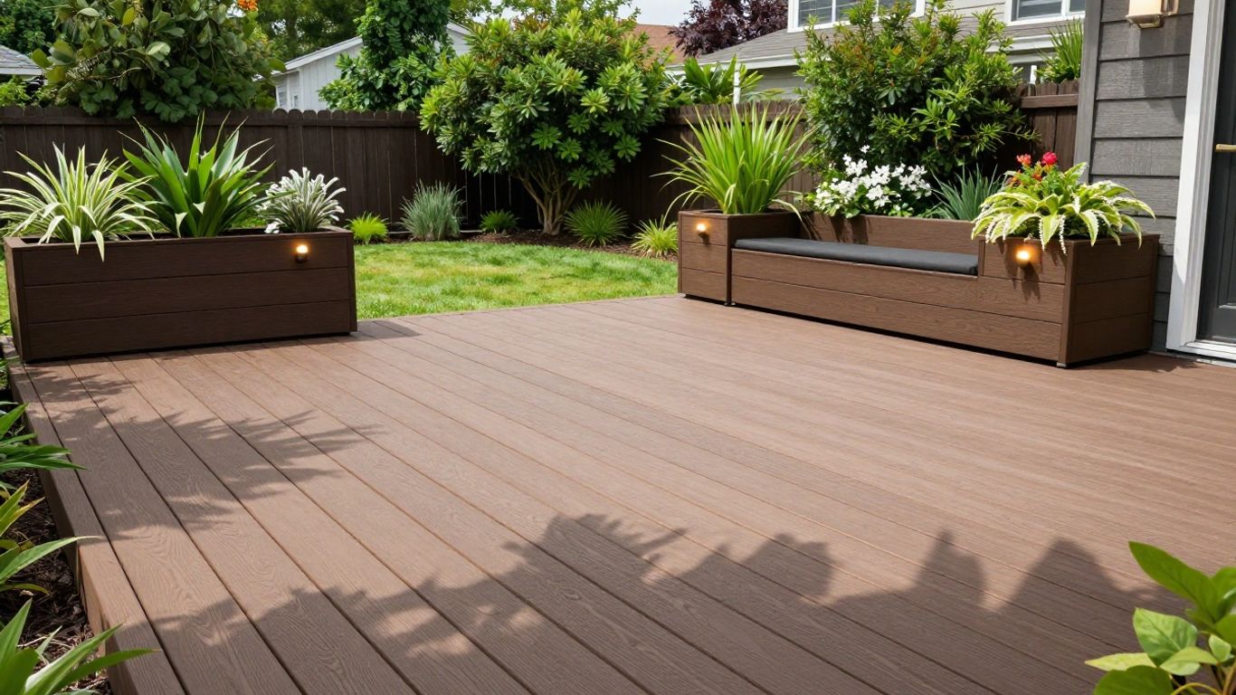 Modern backyard with Trex decking and green plants