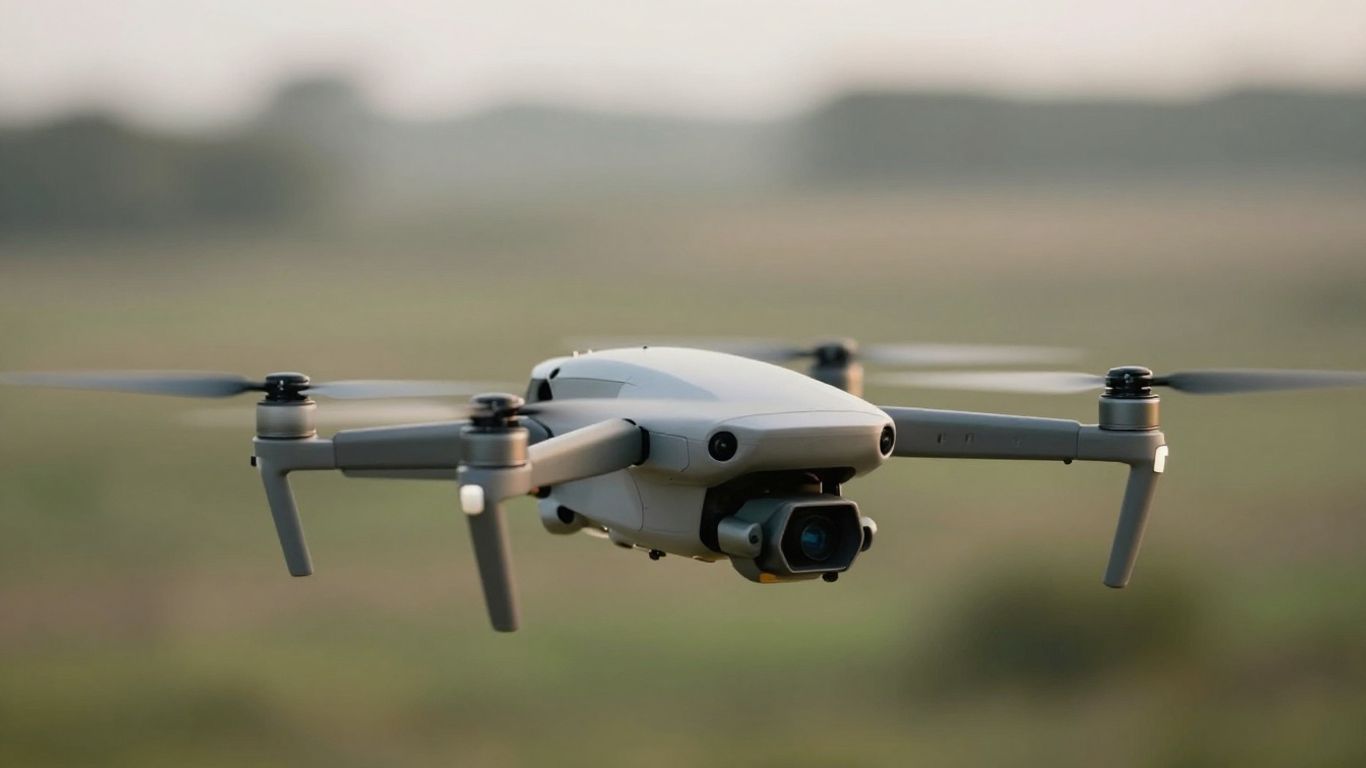Drone hovering silently with blurred natural background.