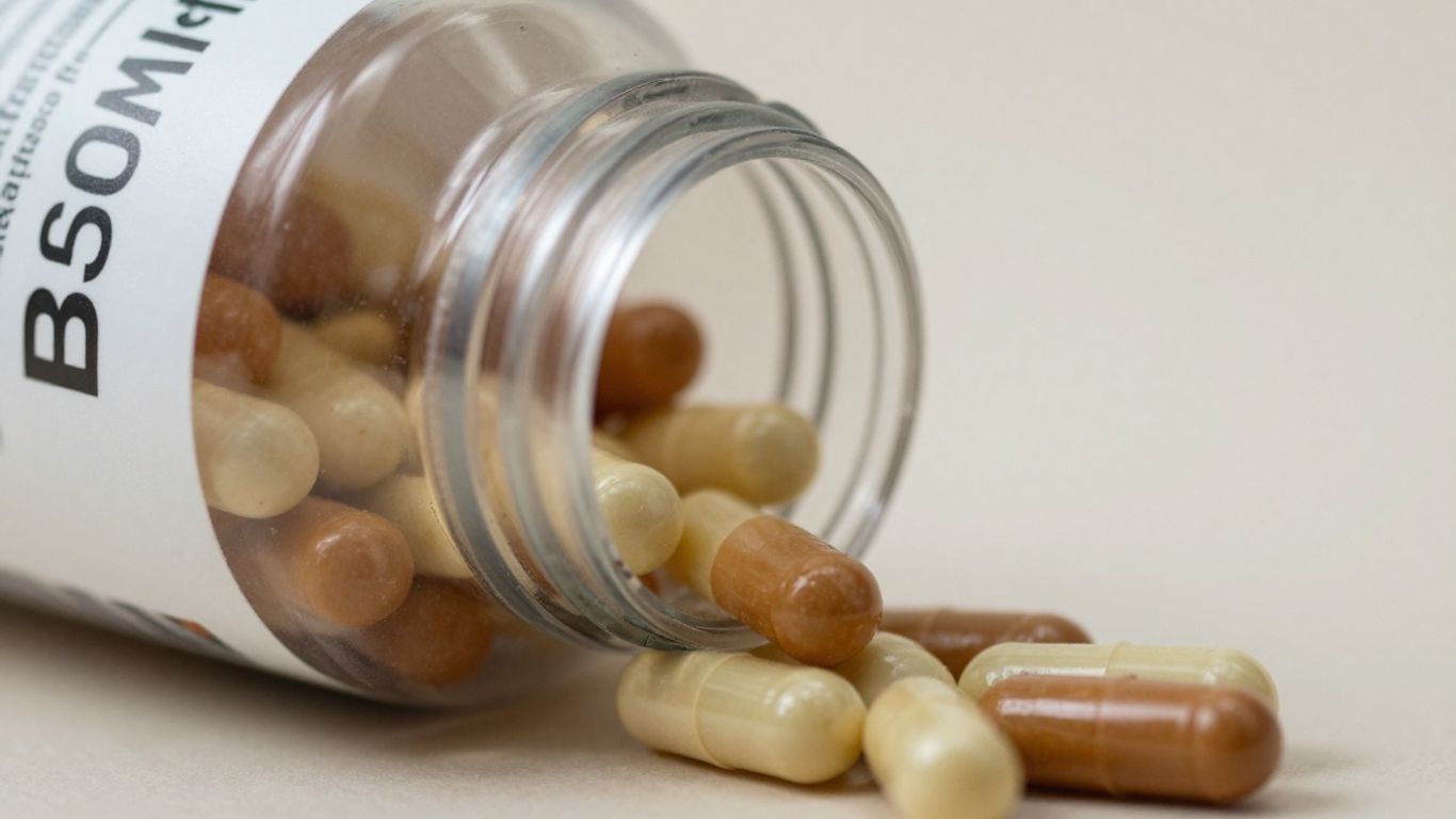 Bottle of vitamin B complex supplements with colorful capsules.