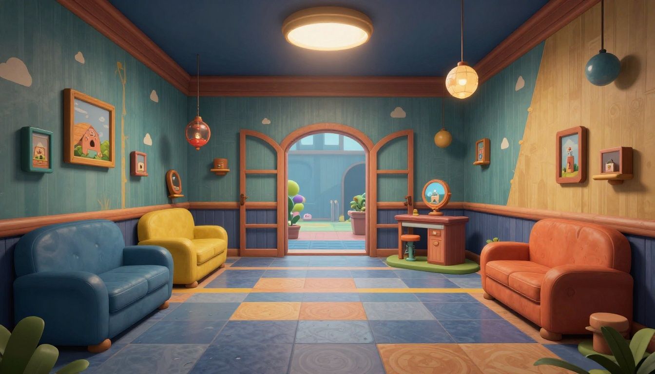 Imagem detalhada do ambiente do jogo mostrando obstáculos criativos e coloridos