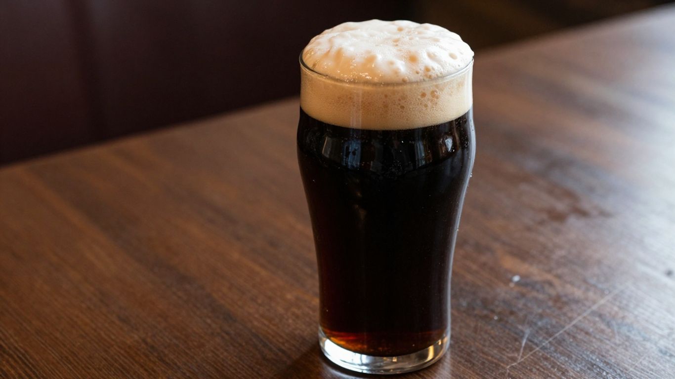 Dark stout beer with creamy head in glass