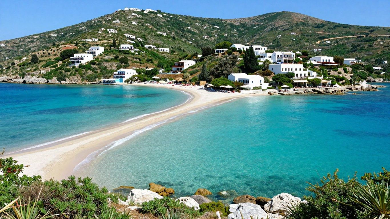 Beautiful Greek island beach with turquoise water and resort.