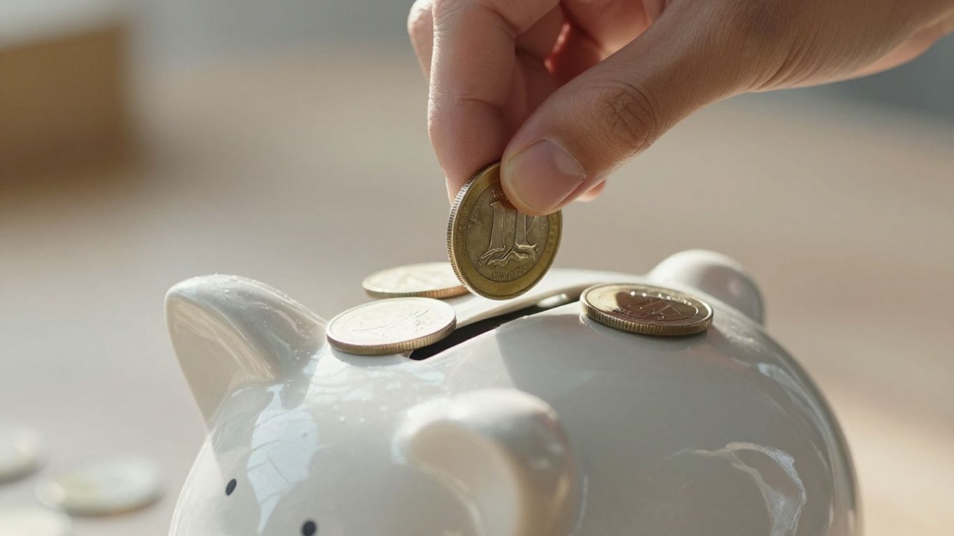Münzen werden in einen Sparschwein gelegt.