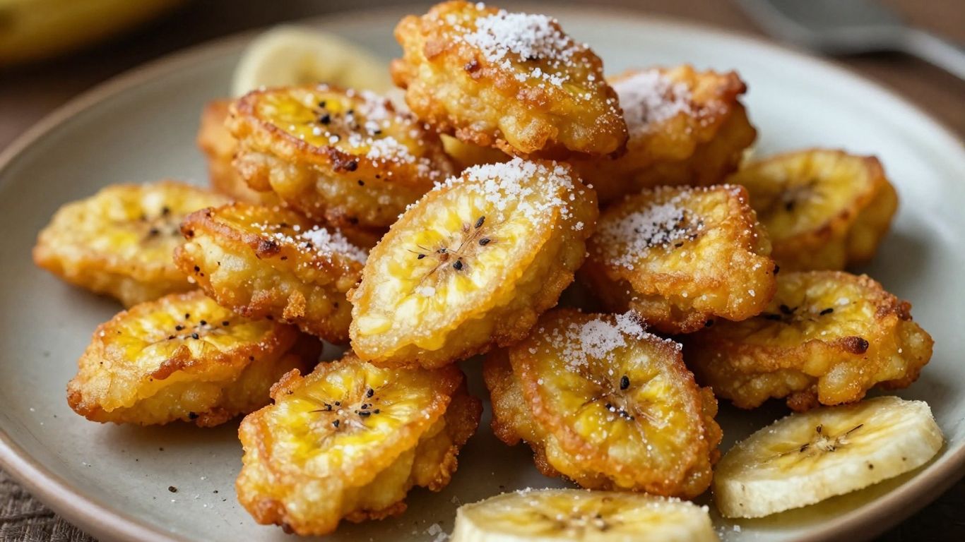 Crispy banana fritters piled on a plate.