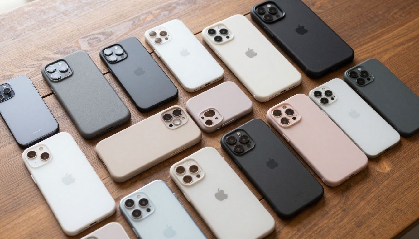 A collection of high-quality, unbranded phone cases in various materials and neutral colours arranged neatly on a wooden surface.