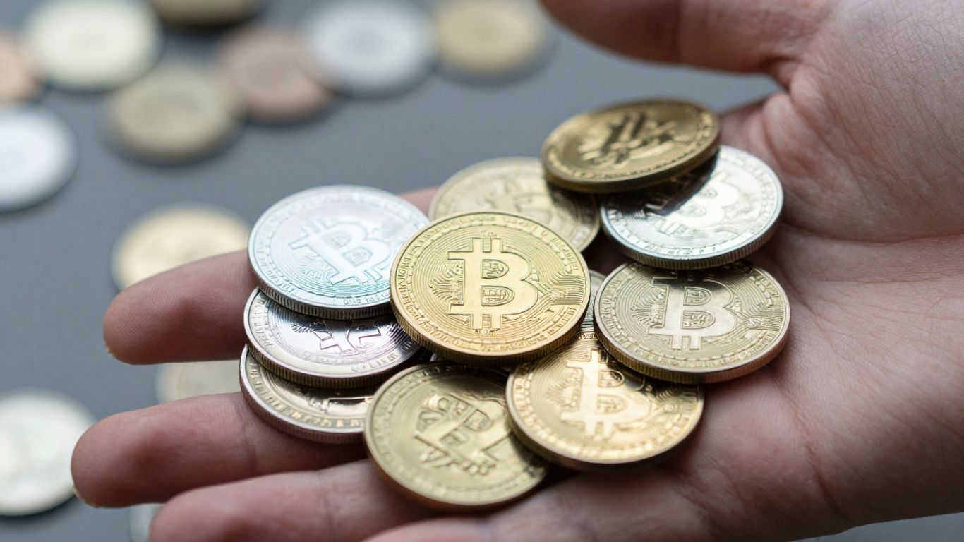 Hand holding cryptocurrency coins, digital finance