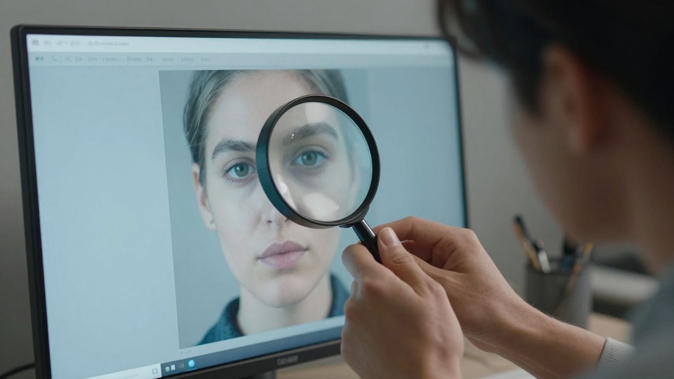 Photographer examining portrait details on large monitor