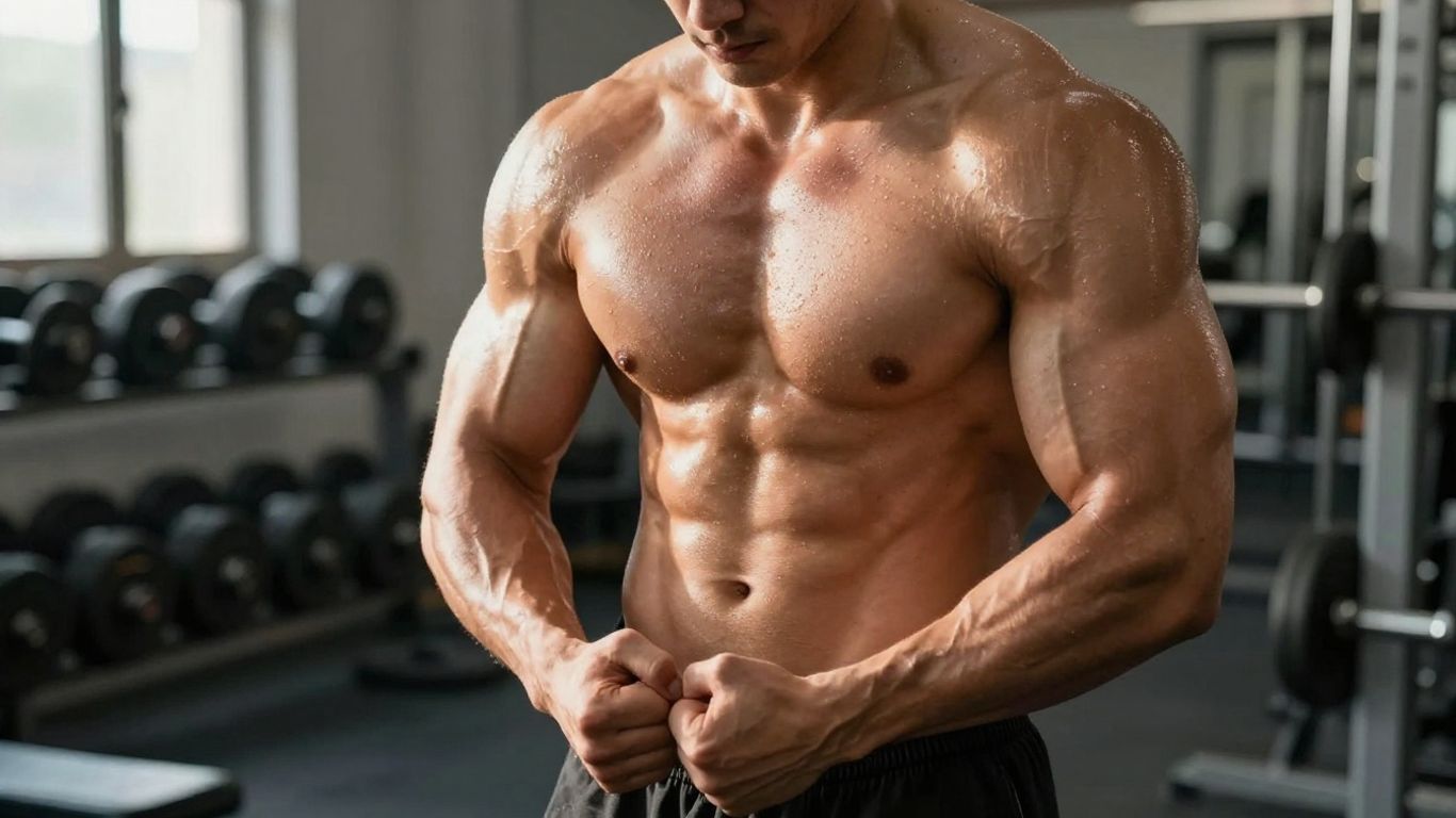 Muscular man flexing in a gym