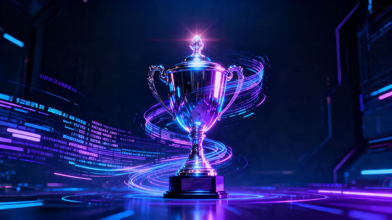 Glowing trophy with data streams, representing AI citation.