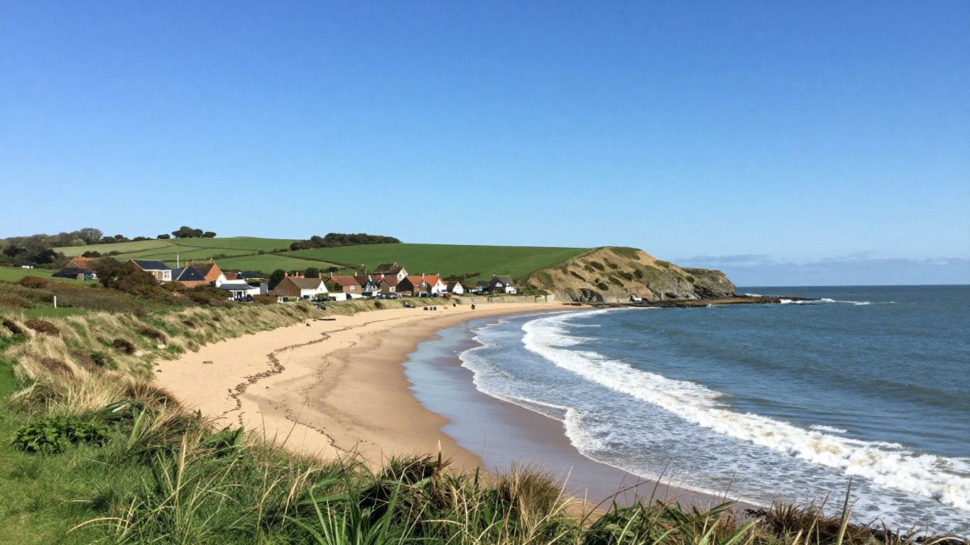 Scenic Lincolnshire coast with green hills and sandy beach.