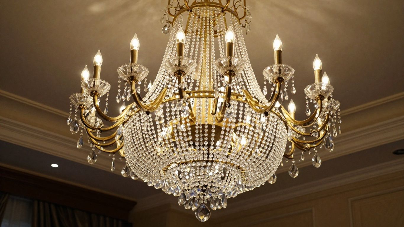 Extra large chandelier in a room with high ceilings.
