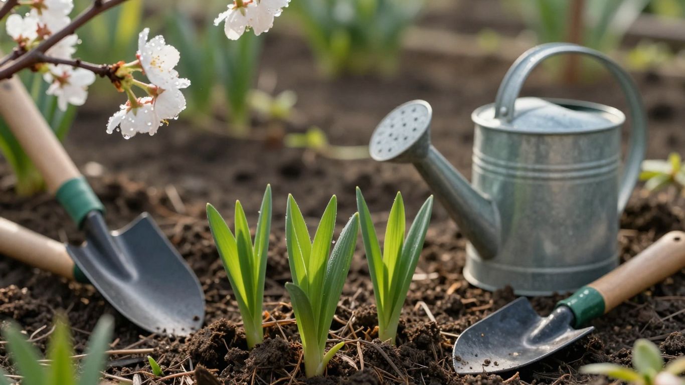 Frühlingsgarten mit ersten grünen Trieben und Blüten.