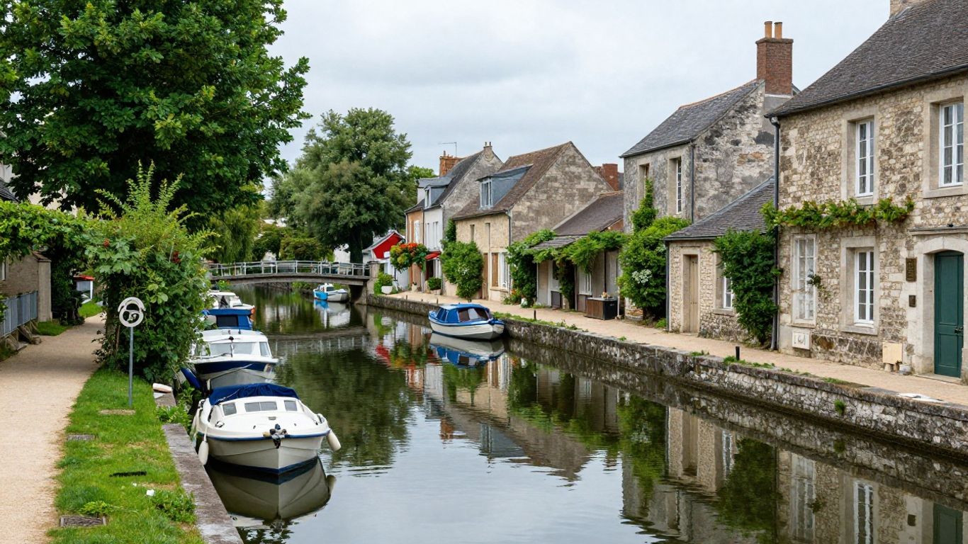 Charming French canal town with stone buildings and boats.