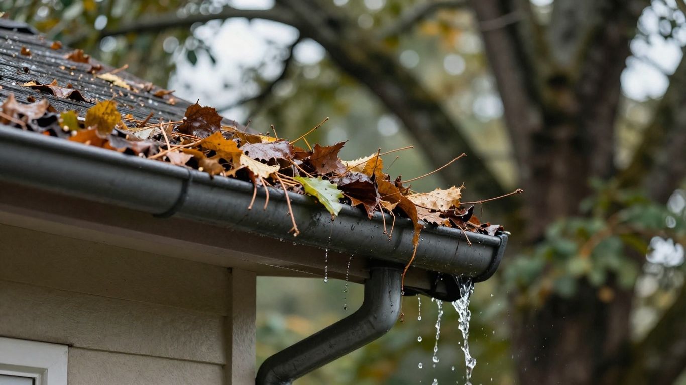 Gutter clogged with leaves and water flowing over.