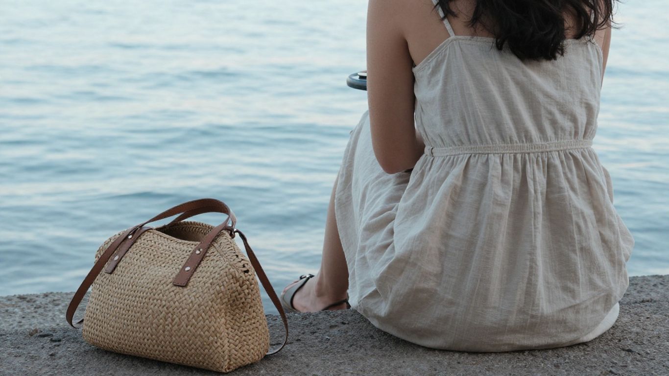 A woman in a summer dress at a seaside café with sandals and a bag