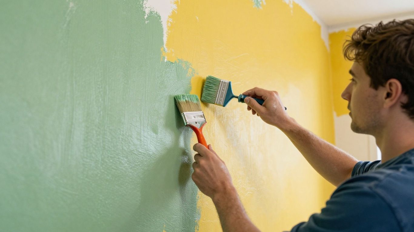 Professional painter applying fresh paint to a home interior wall.