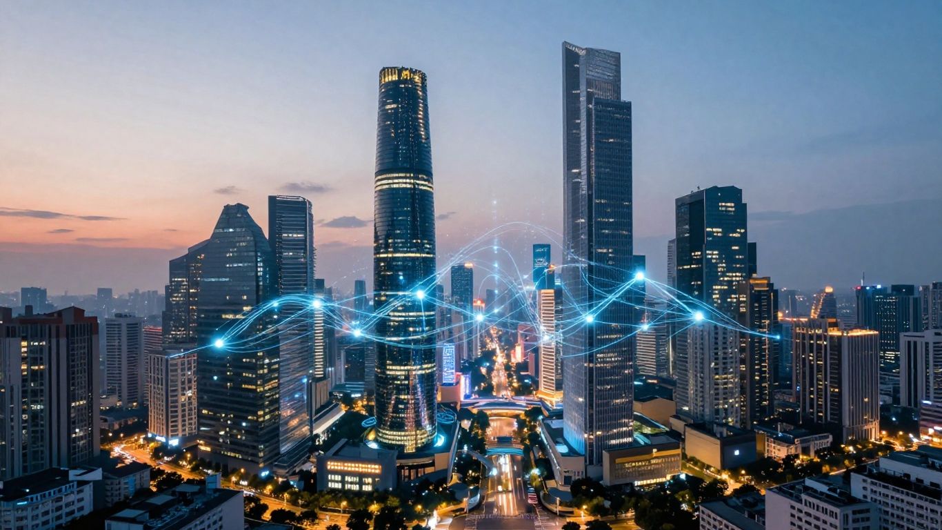 Futuristic cityscape with glowing digital streams.