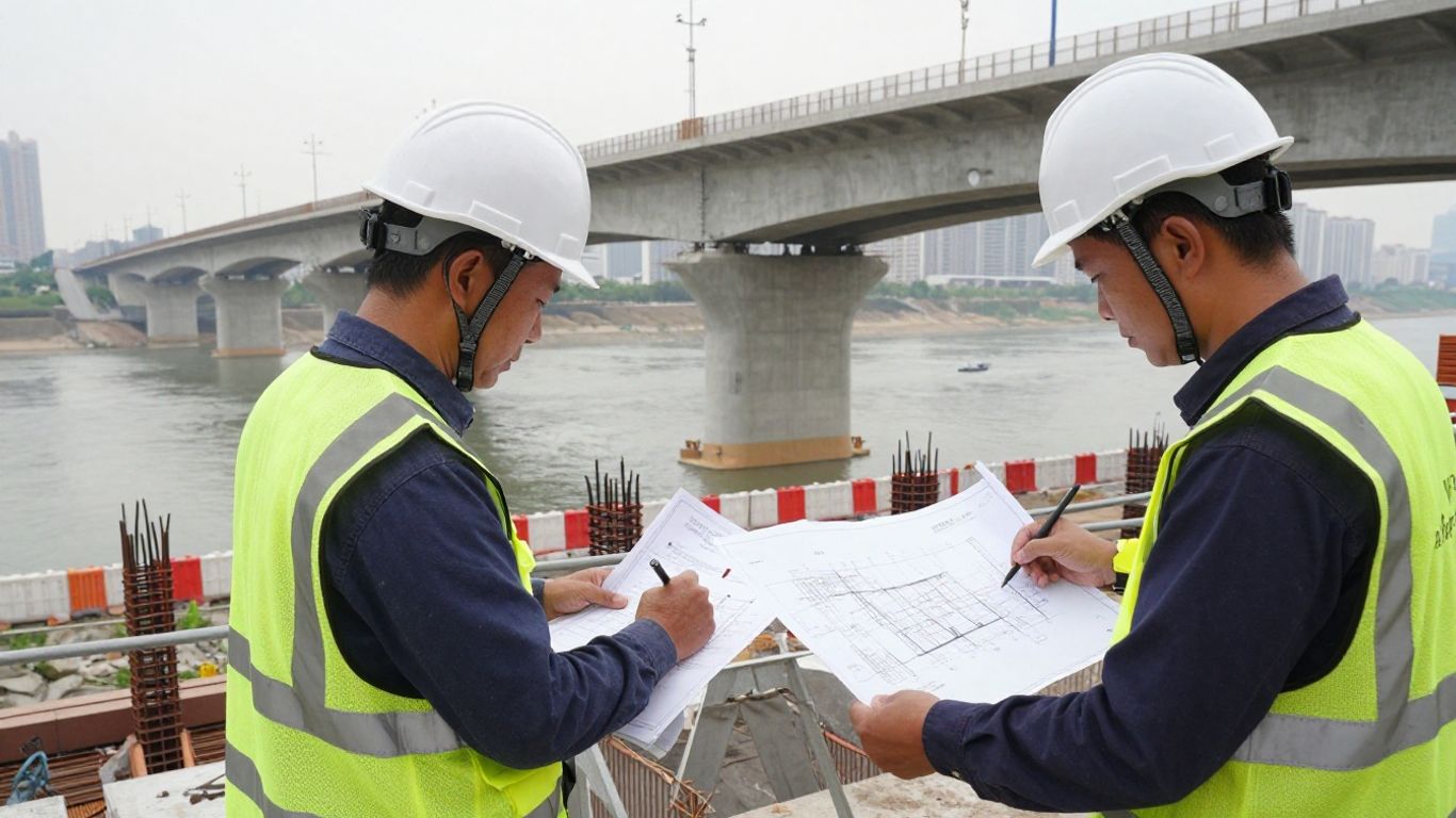 Engineers reviewing infrastructure plans beside a bridge