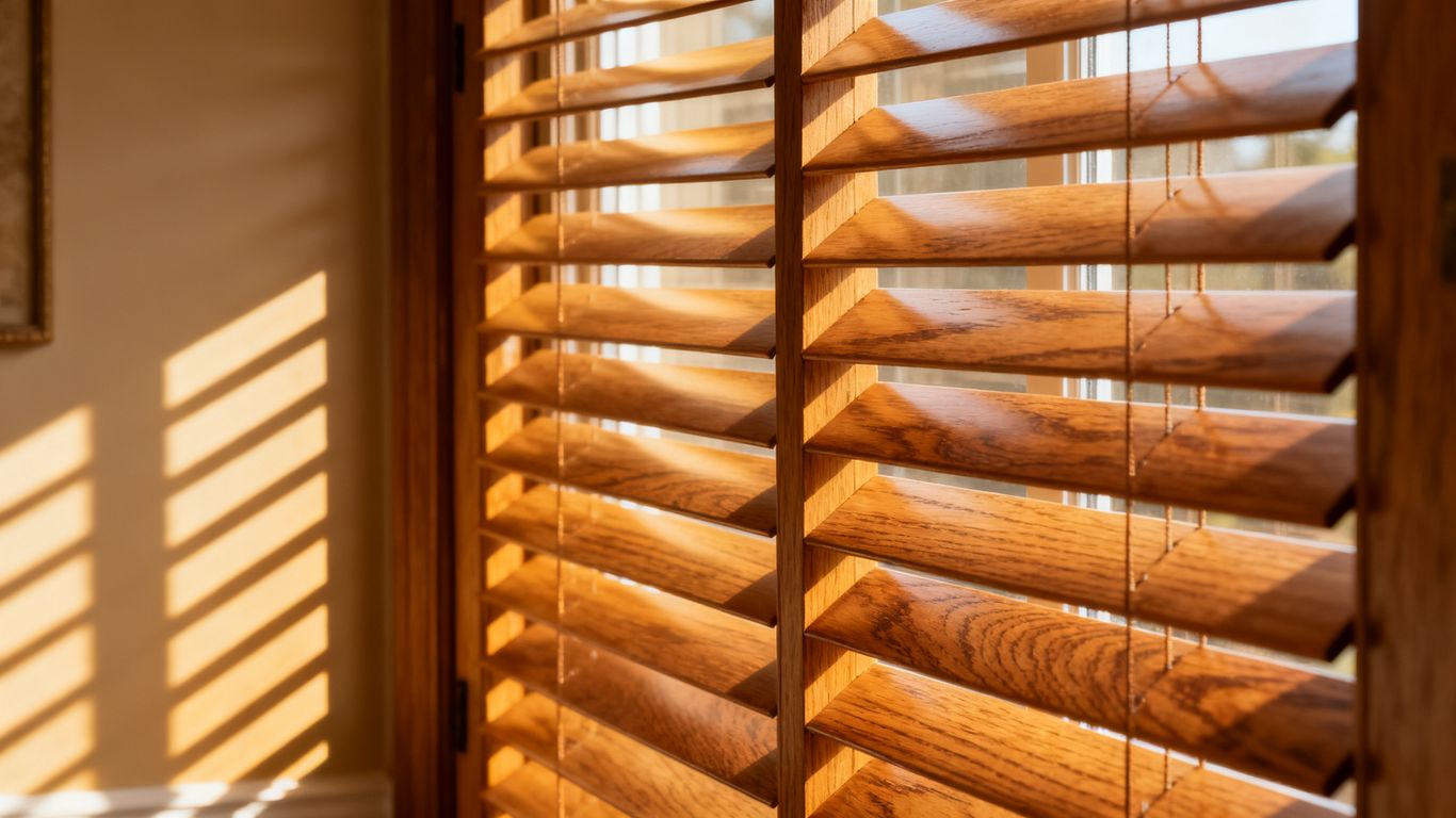 Clean wood plantation shutters with sunlight streaming through.