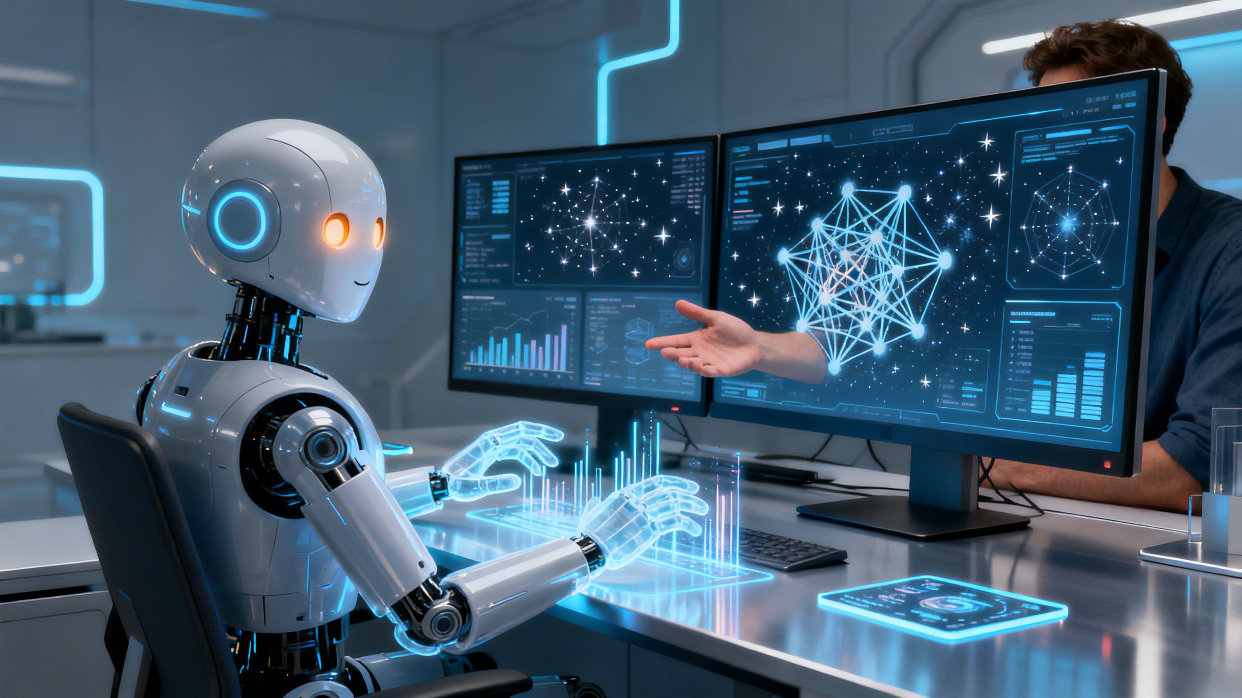 A futuristic image of a friendly AI robot co-pilot working alongside a human at a sleek, multi-monitor computer setup, analyzing complex data visualizations.