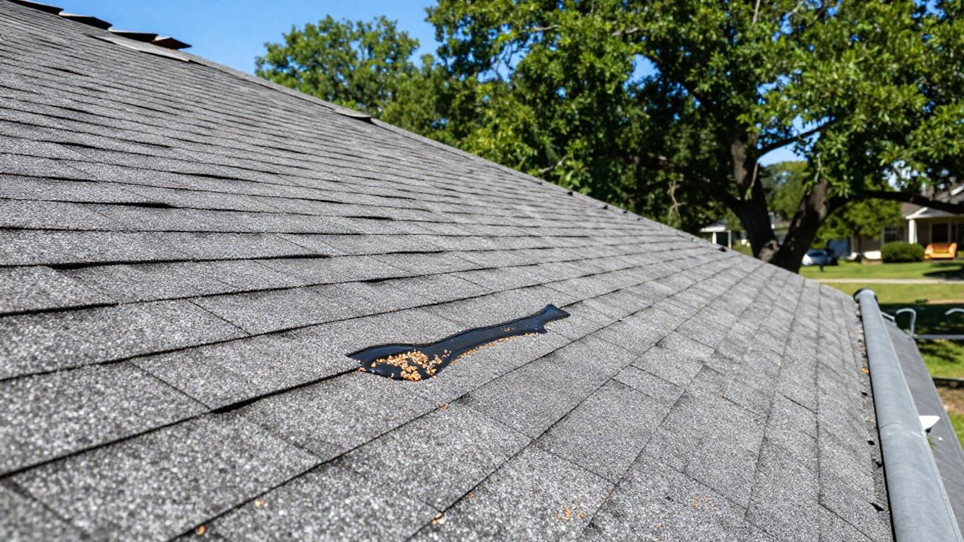 Roof with mismatched shingles and visible repair patches