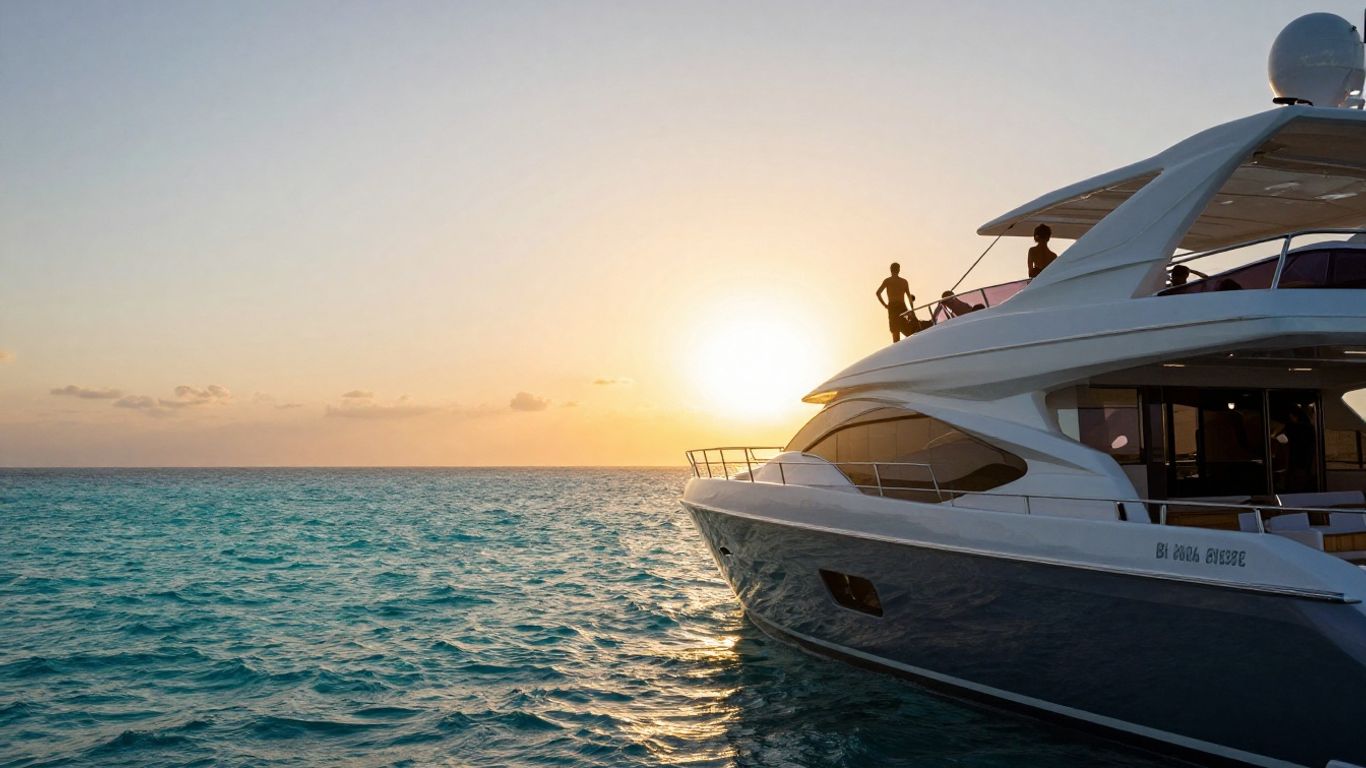 Luxury yacht sailing at sunset, people relaxing on deck.