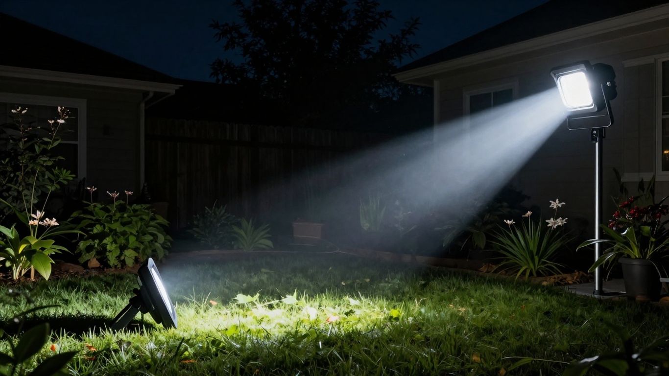 Bright LED floodlight illuminating a dark backyard at night.