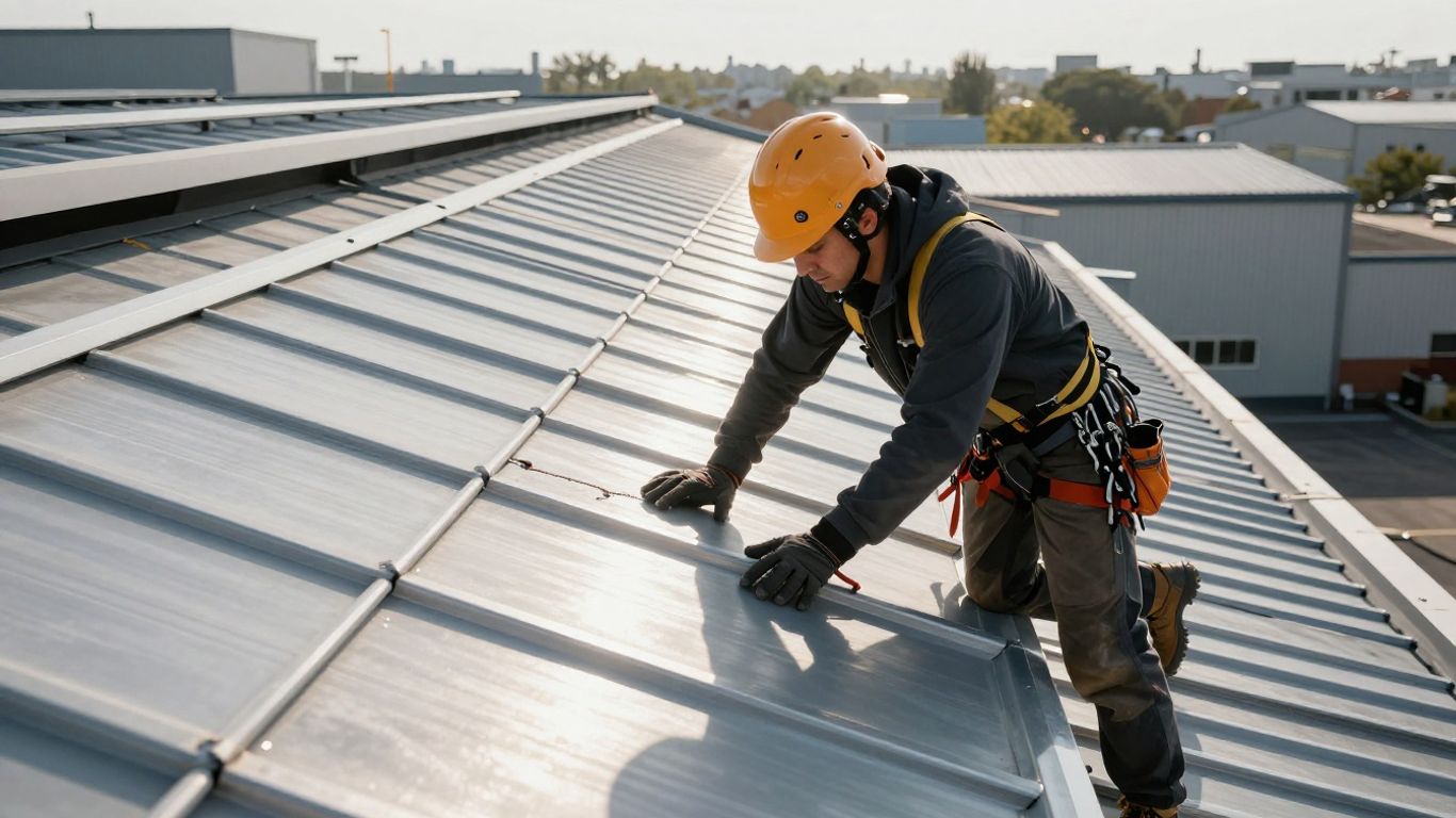 Roofer inspecting a large commercial building's rooftop.