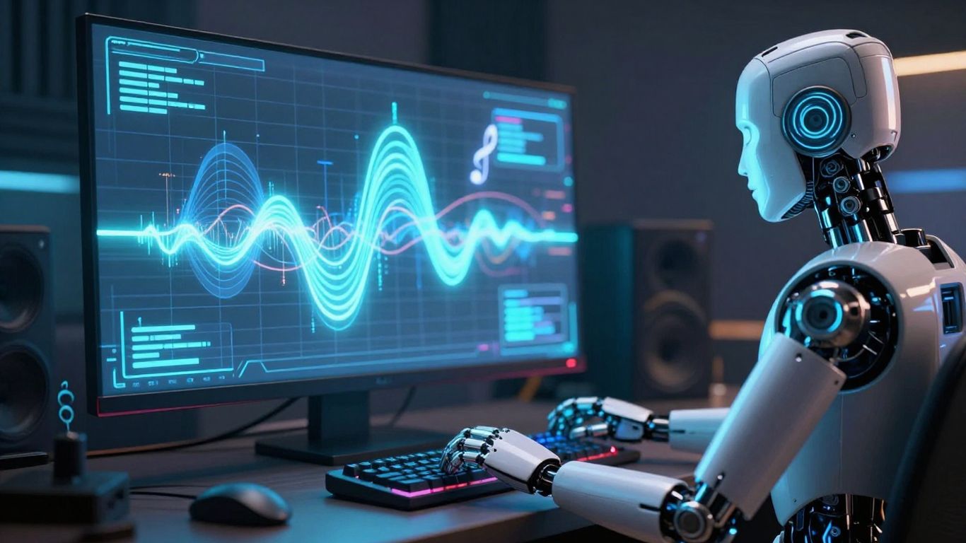 AI music composition in a futuristic studio.
