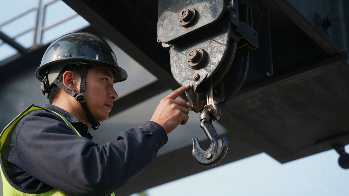 Overhead crane inspection in progress.