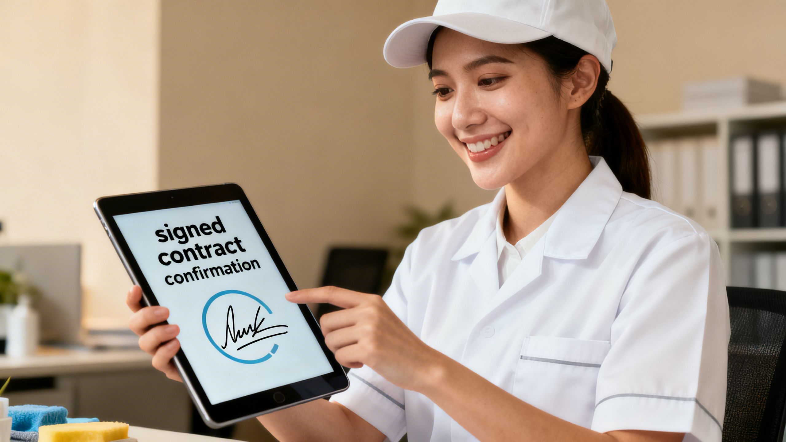 A cleaning service manager smiling while looking at a tablet that shows a signed contract confirmation, with a digital signature icon.