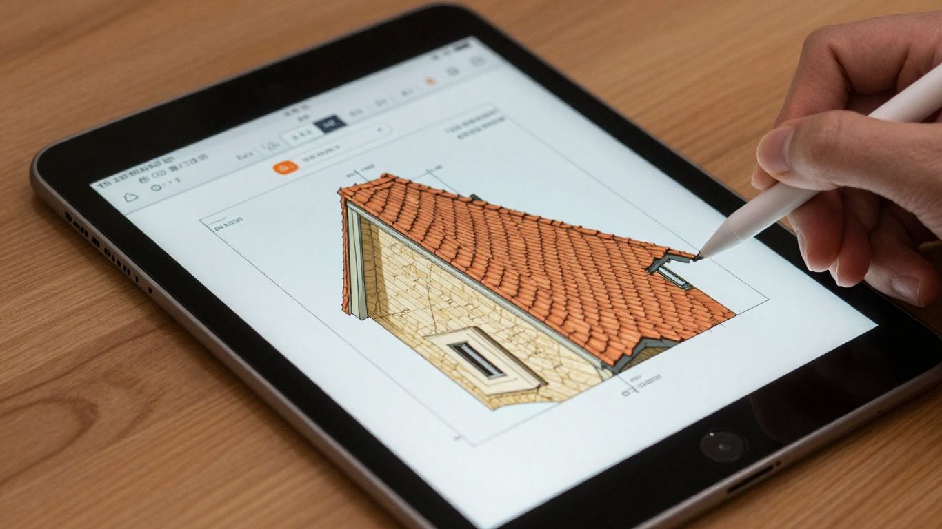 Tablet showing roof measurements, digital tool for roofers.