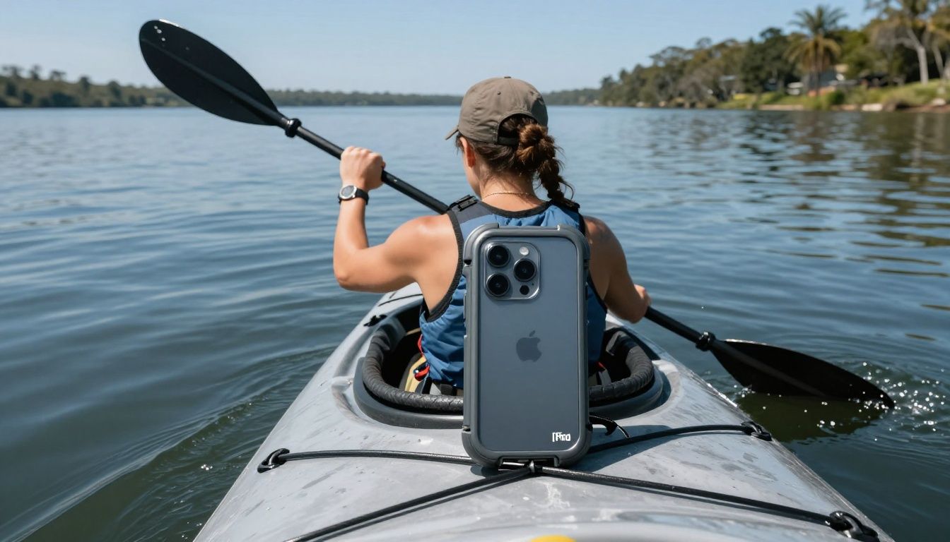 A kayaker paddling on a calm Australian river, with their iPhone 17 Pro Max secured in a waterproof case on the deck of the kayak.