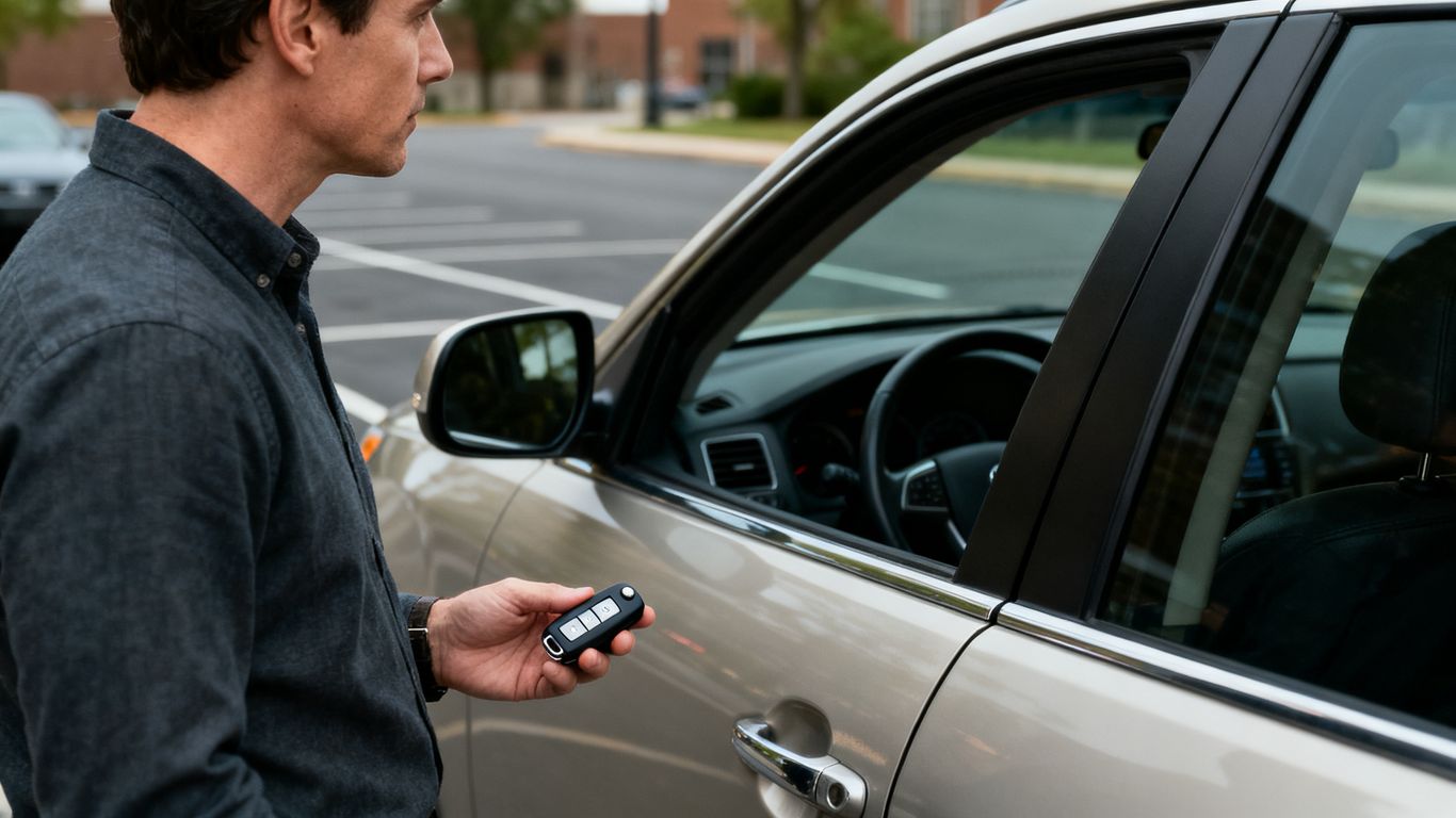 Driver checking a key fob beside a parked car