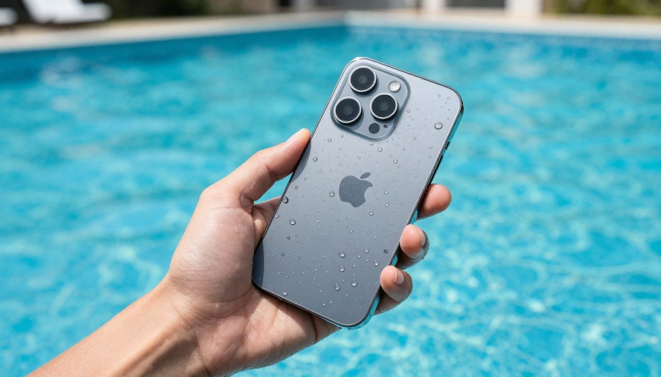 A person's hand holding an iPhone 14 Pro Max near a swimming pool, with water droplets on the screen