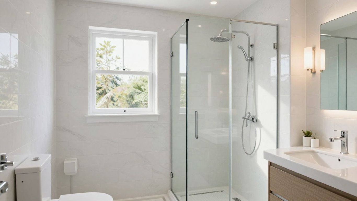 Modern bathroom with walk-in shower and vanity.