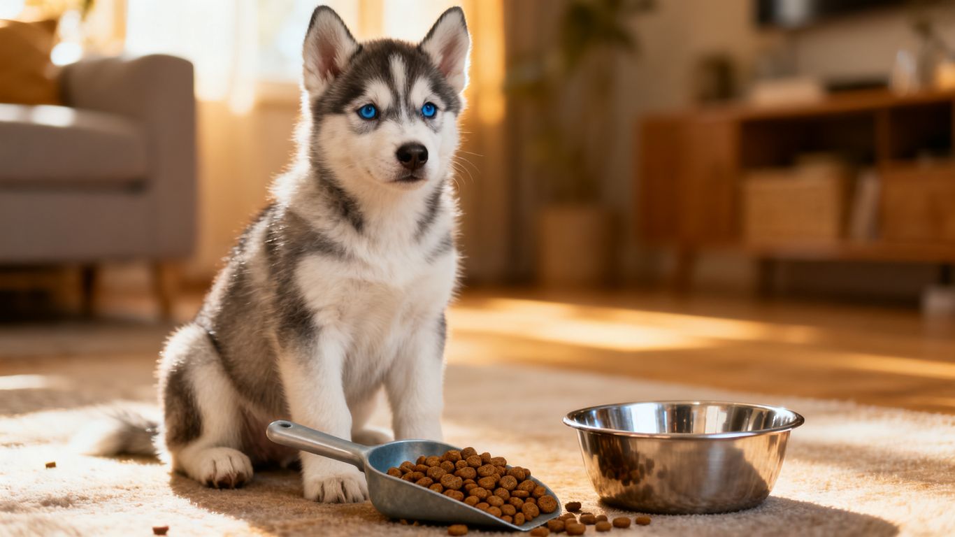 Husky puppy beside measured food bowl